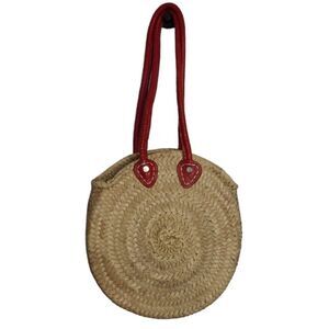 VINTAGE circle woven straw raffia red leather‎ strap farmcore cottagecore purse